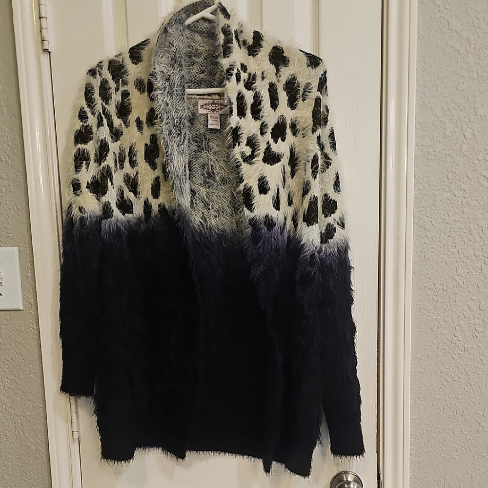 Oliver Monochrome Ombre Fuzzy Cheetah Open Cardigan Black White Large